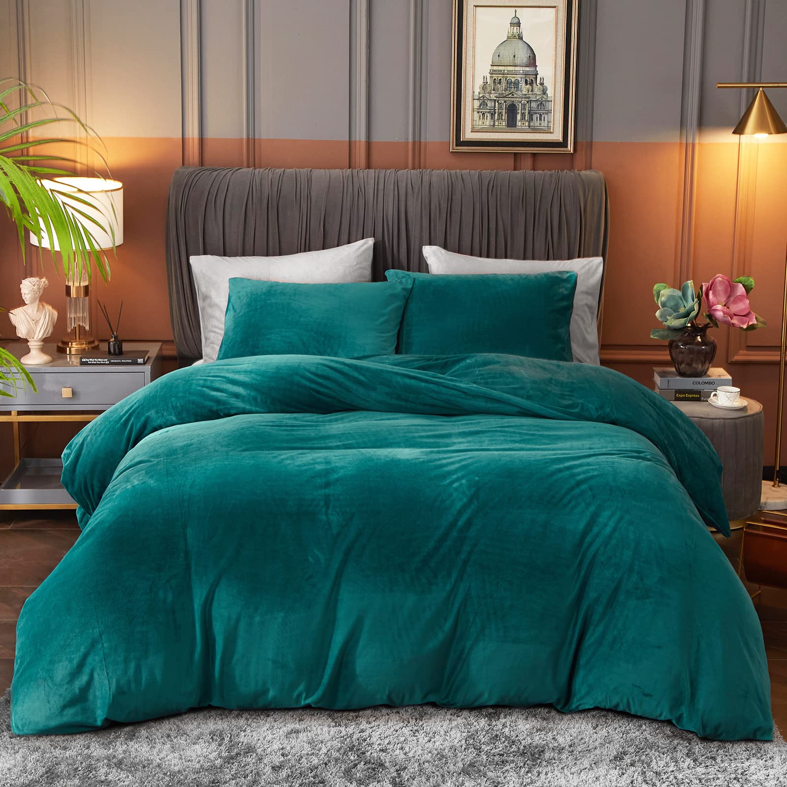 Ivellow Velvet Flannel Duvet Cover King Size Peacock Blue Duvet Cover King Velvet Comforter Cover Set Ultra Soft Breathable Cozy
